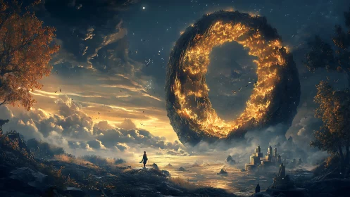 Volcanic celestial ring hovering above coastal citadel at dusk.