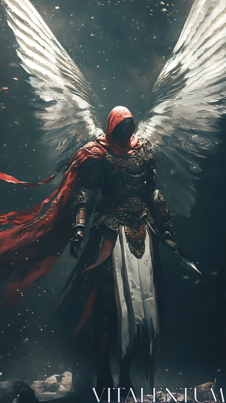 Winged crimson-hooded warrior angel in ornate battle armor.