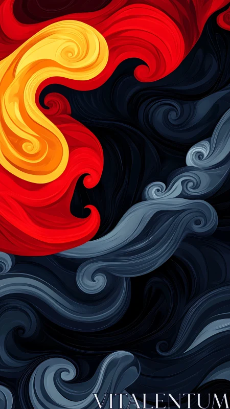 Digital painting of swirling red and gray abstract currents.
