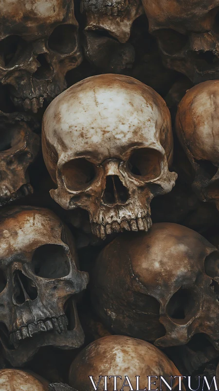 Stacked human skull cluster in muted photorealistic chiaroscuro.