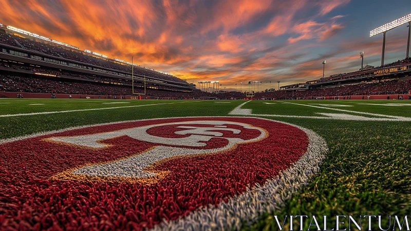 Sunset over football field logo inside packed stadium.
