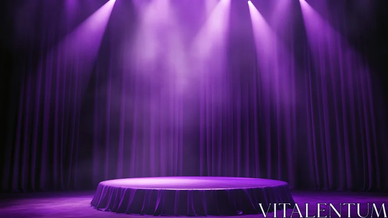 Circular purple stage with theatrical spotlight rig and curtains