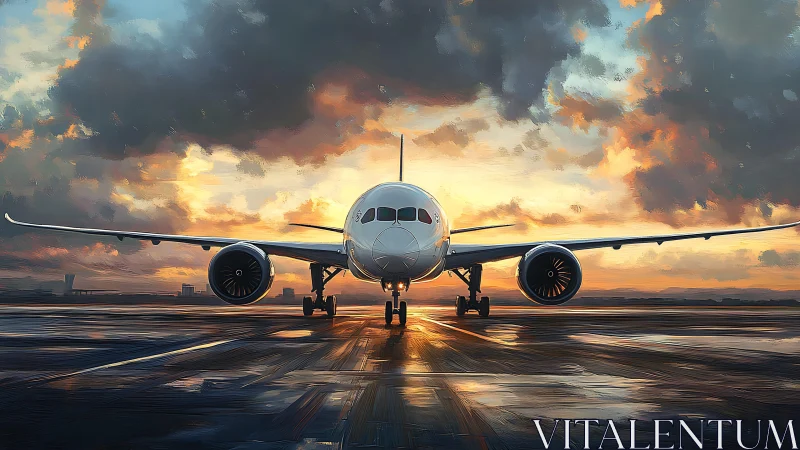 Sunrise runway moment with a quiet, waiting jetliner.