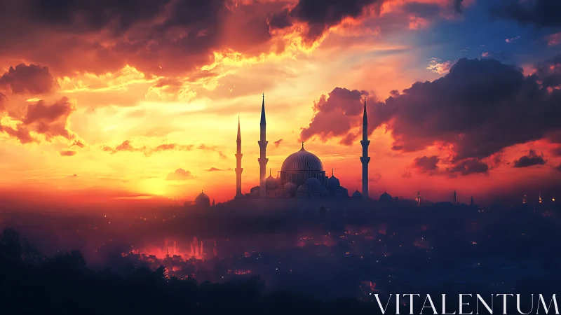 Sunset-drenched minarets quietly stitch light into the sky