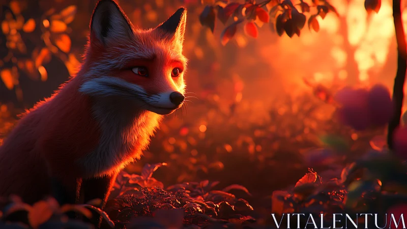 Softly lit fox watches a glowing autumn forest burnish red.