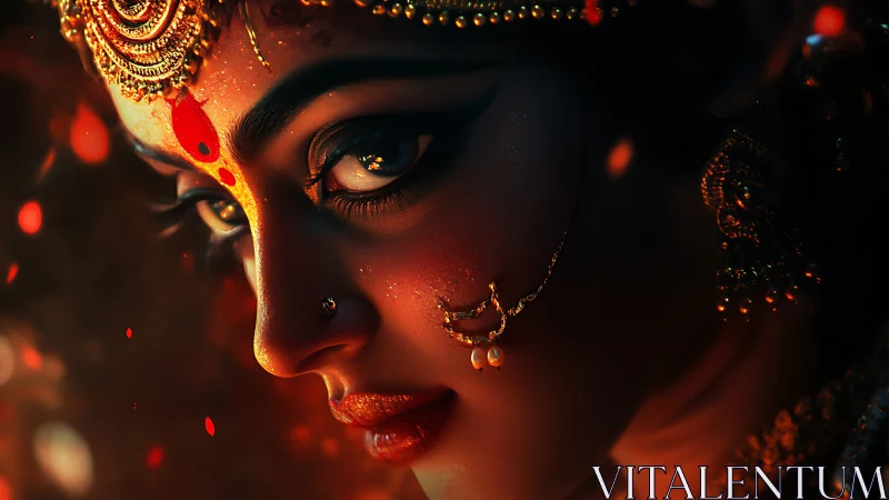 Ember-lit goddess gaze carves fire and gold from the dark