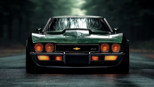 Deep green muscle car waits on a misty forest road at dusk