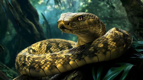 Gilded jungle serpent coiled in patient emerald shadow.