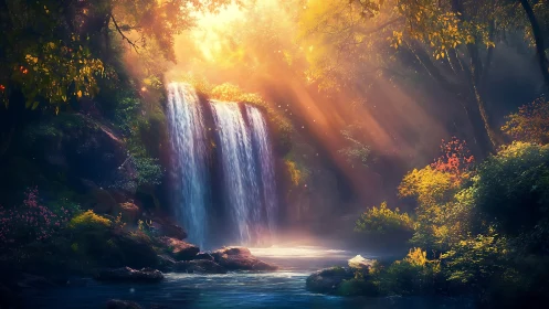 Spectral waterfall cascade under volumetric forest sunlight.