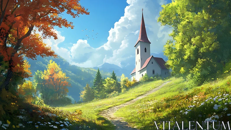 Sunlit rural chapel amid vibrant autumn woodland hillside