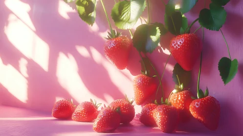 Sunlit hyperreal strawberries on vine against pink backdrop
