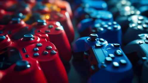 Photoreal gaming controllers array with shallow focus depth.