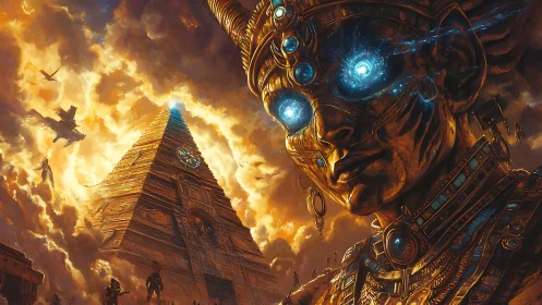 Cyborg figure beside illuminated pyramid under storm clouds.