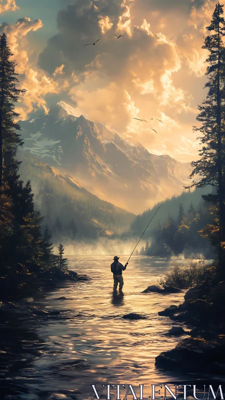 Fluvial angler silhouetted against alpine cumulonimbus backlight.