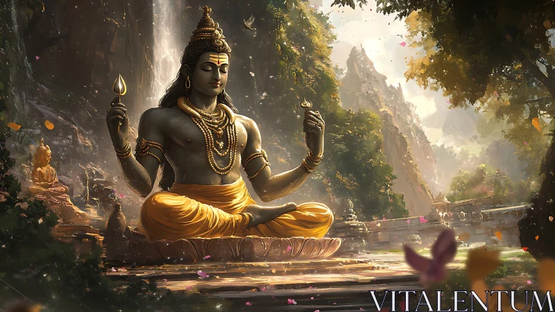 Serene deity sculpture in lush canyon temple sanctuary.