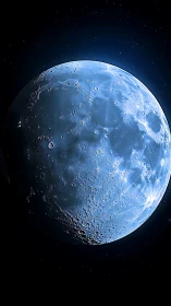Lunar surface in blue-toned space rendering with craters.