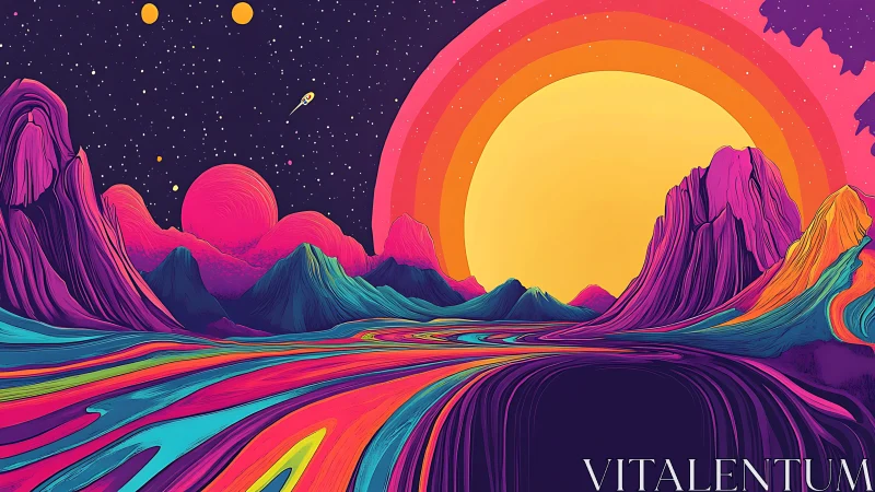Vivid sci fi landscape with neon mountains and sun.