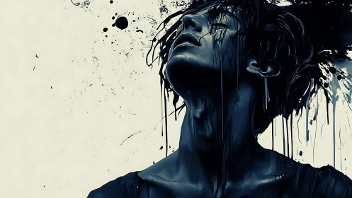 Ink-drenched portrait of anguished figure in stark contrast.