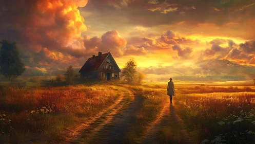 Sunset walk along country path toward rustic farmhouse.