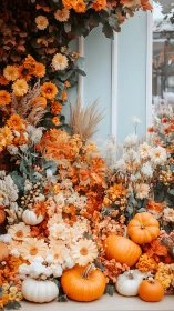 Chromatic autumn display: dichromatic floral arrangement with gerbera and pumpkin elements against m
