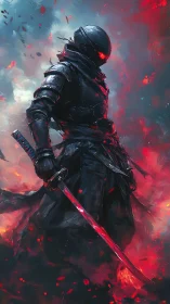 Armored cyber samurai amid burning crimson embers.