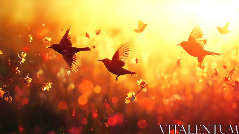 Sunlit songbirds drift through blazing petals of dawn.