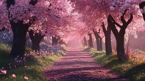 Blossom-lined dream path under glowing pink cherry arches.