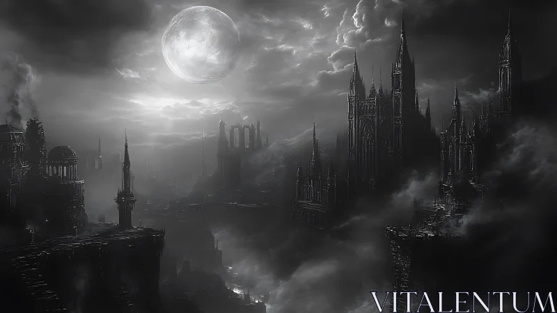 Gothic moonlit citadel above stormbound abyssic chasms.