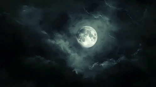 Full moon burns through storm-dark swirling night clouds.