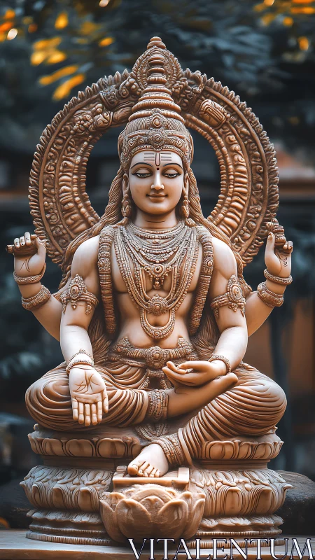 Serene wooden deity smiles through cascading carved halos