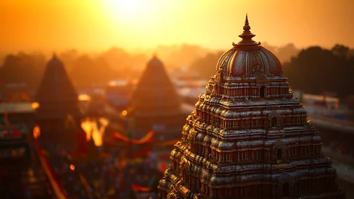 Photorealistic sunset over ornate temple towers in bokeh field.