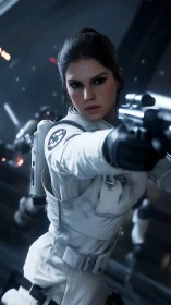 Imperial officer aiming blaster in corridor environment.