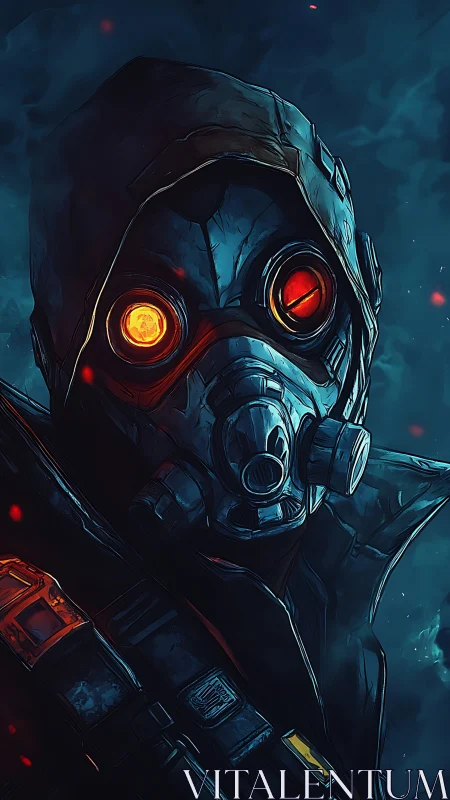 Hooded wasteland scout gazes ahead through glowing red lenses