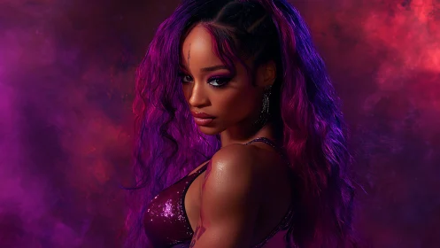 Vibrant purple portrait captures fierce, luminous confidence
