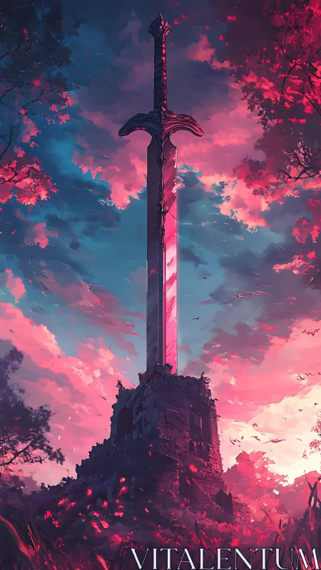 Colossal sword monument pierces radiant pink twilight sky.