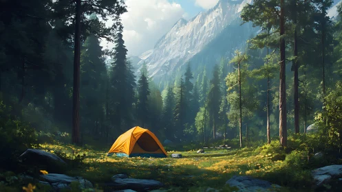 Alpine forest tent camp with mountains.
