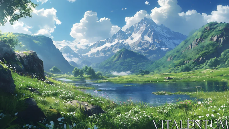 Snowcapped alpine massif above reflective spring valley lake