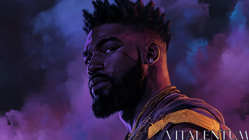 Neon-lit warrior portrait against moody purple smoke clouds.