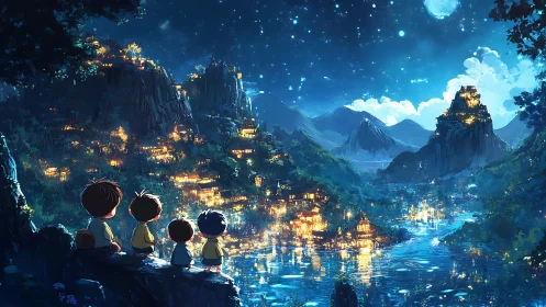 Children watch luminous river city under star-filled night sky