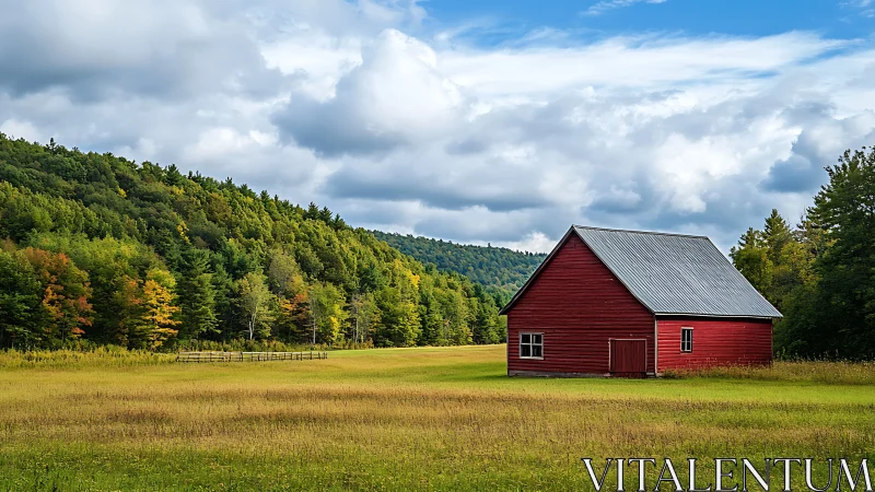 Cozy red barn resting quietly in a wide green country meadow.