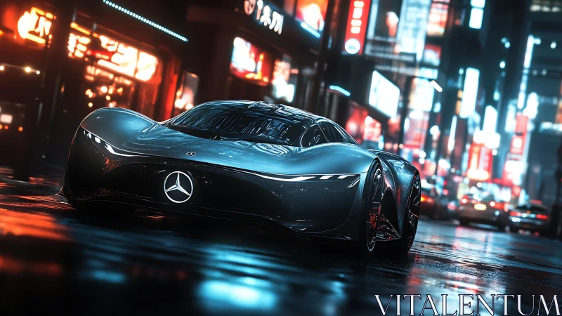 Futuristic Mercedes concept car in neon city at night.