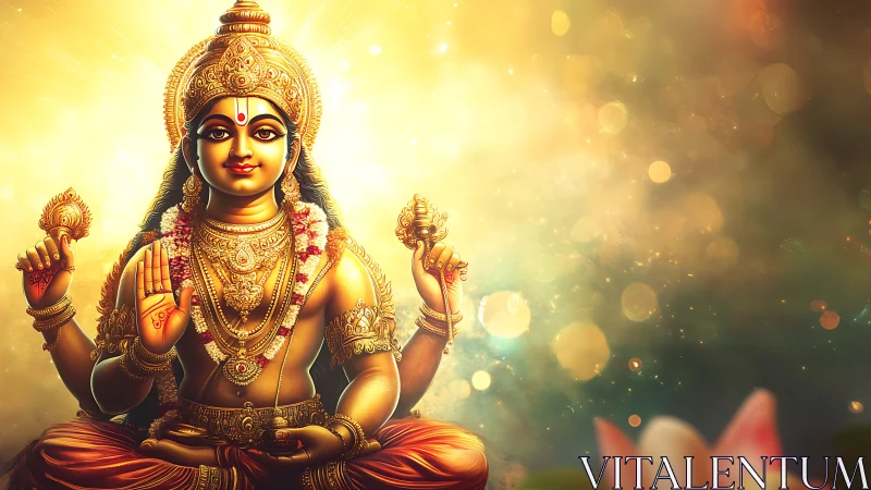 Golden four-armed deity portrait set against glowing light