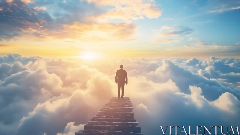 Businessman walks a glowing sky path toward hopeful sunrise