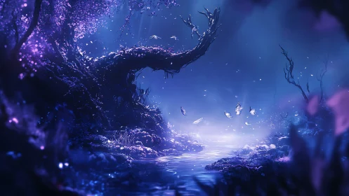 Mystical blue forest stream under glowing curved tree.