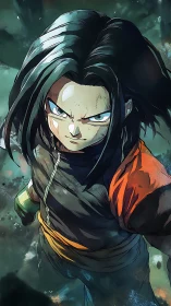 Intense anime warrior glares upward in dynamic battle pose.