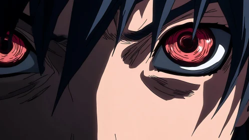 Red-eyed anime warrior glare under sharp shadow focus.