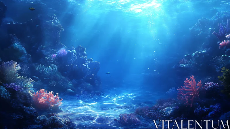 Sunlit coral reef canyon under clear tropical ocean surface.