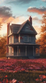 Autumn-lit Victorian farmhouse framed by low-depth floral field.