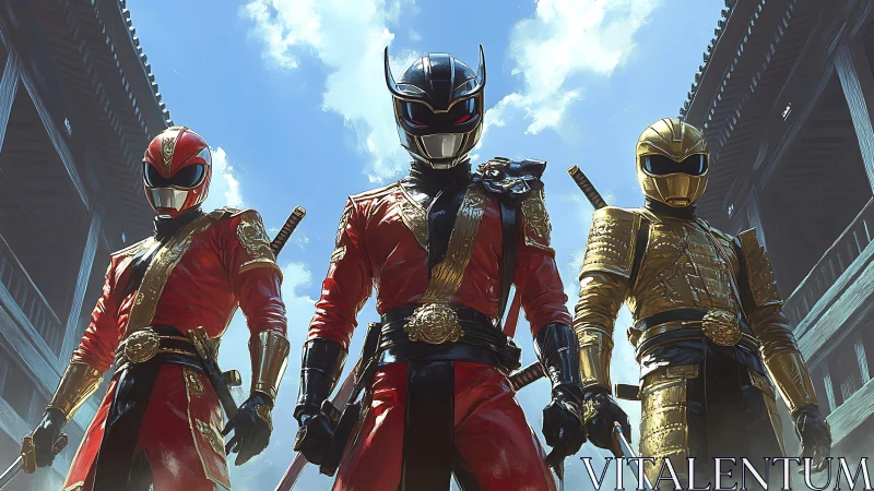 Armored ninja trio stands ready beneath a bright battle sky
