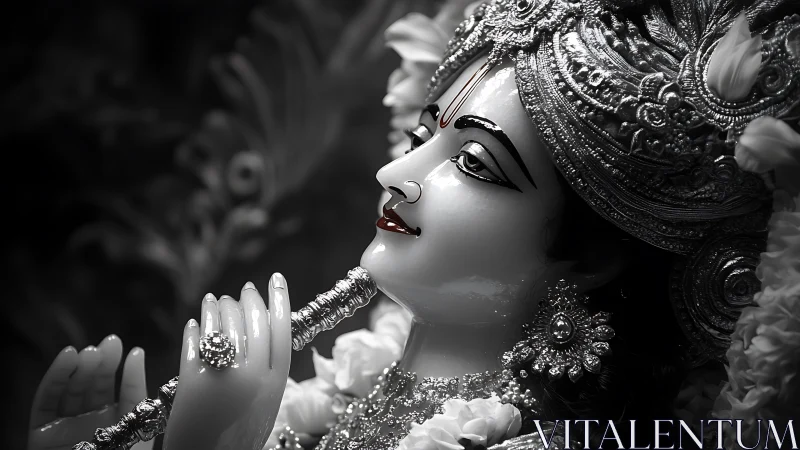 Monochrome devotional sculpture portrait with ornate headdress.